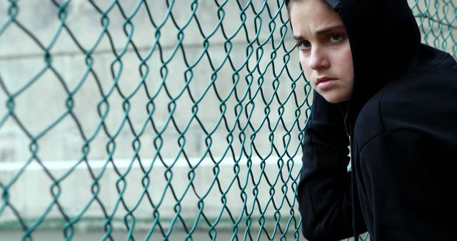 Pensive Teen in Hoodie Leaning Against Chain-Link Fence - Download Free Stock Images Pikwizard.com