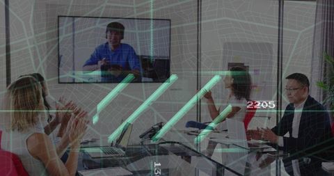 Virtual collaboration in modern boardroom with team working remotely