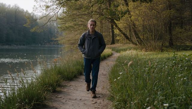 Solitary man walking lakeside trail at dusk with backpack and hiking boots in forest solo