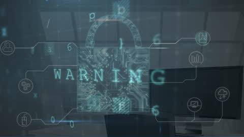 Cybersecurity Warning with Digital Padlock Overlay in Office
