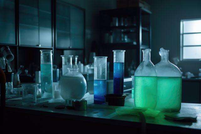 Dimly lit laboratory featuring various chemical solutions in glass beakers and test tubes arranged on table. Perfect for illustrating scientific research, chemistry experiments, lab work environments, and educational materials.