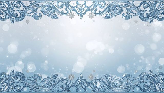 Frosty blue ornate winter frame with bokeh snowflakes glitter scrollwork for holiday cards