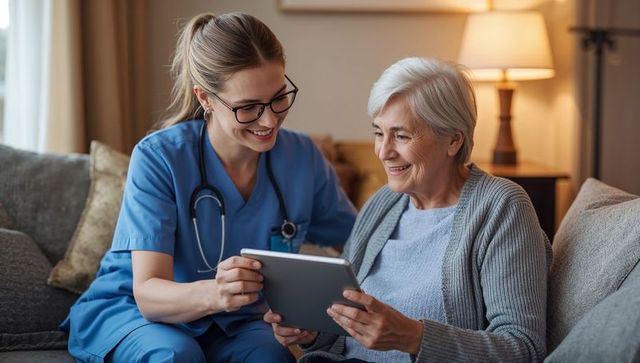 Young nurse showing tablet to smiling senior woman during warm home care visit