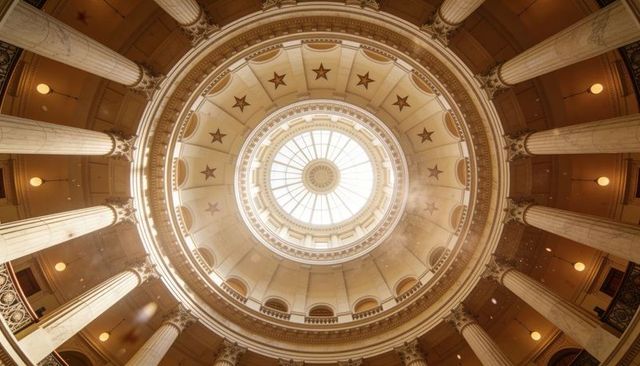 Sunlit neoclassical capitol rotunda dome featuring central skylight and corinthian columns