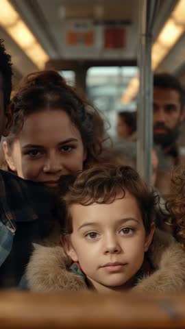 Vertical video depicting family commuting by bus, mother leaning, child gazing tenderly