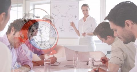 Time management in business meeting with team collaboration