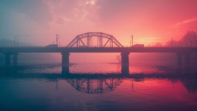 Misty sunrise over silhouetted steel arch bridge