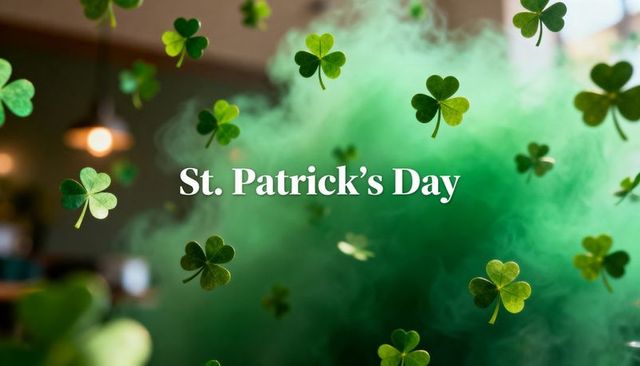 Floating shamrocks and emerald smoke in pub celebrating st. Patrick's day with soft bokeh