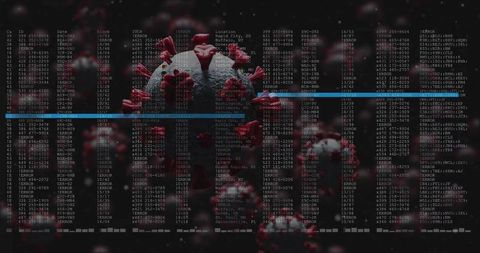 Virus particle floating amidst data panels in digital analysis