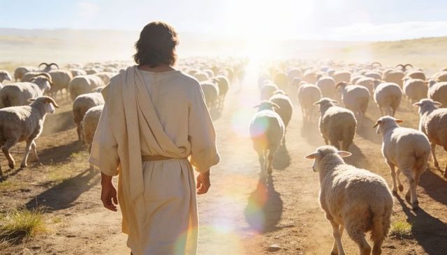 Shepherd walking with flock at sunrise on dusty prairie backlit pastoral landscape