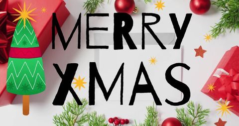 Colorful Merry Xmas Lettering with Festive Decorations