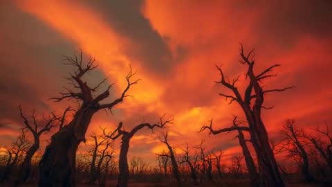 Eerie Twilight with Dead Trees and Fiery Sky