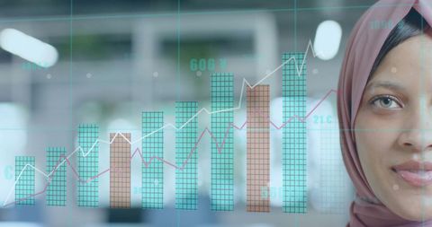 Modern Businesswoman with Hijab and Financial Data Overlay