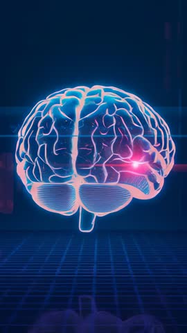 Rotating Neon Brain Hologram Reacting to Pink Pulse Showing Neural Activation