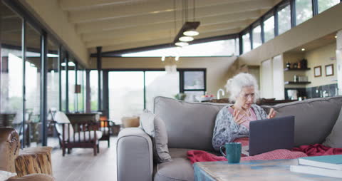 Senior Woman Relaxing with Laptop Video Call at Home