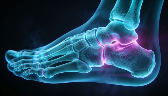 Translucent Foot Skeleton Showing Phalanges and Ankle with Magenta Joint Glow 3D Medical