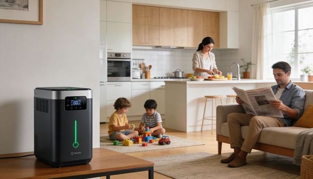 Sleek home air purifier with digital display and green led, family relaxing in living room