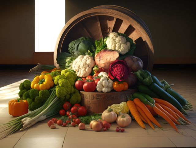 Empty room with basket of vegetables and fruit on floor over window, using generative ai technology. Food, shopping and healthy concept digitally generated image.