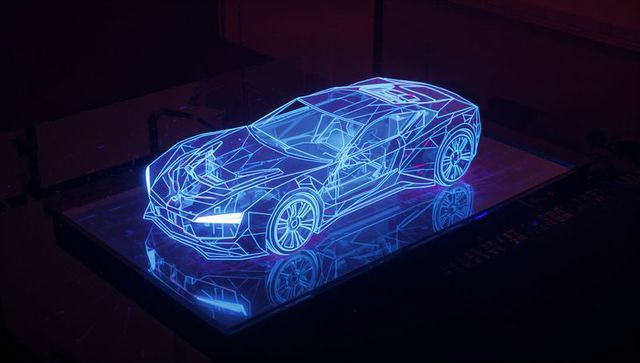 Glowing neon wireframe sports car hologram hovering over glossy tech platform