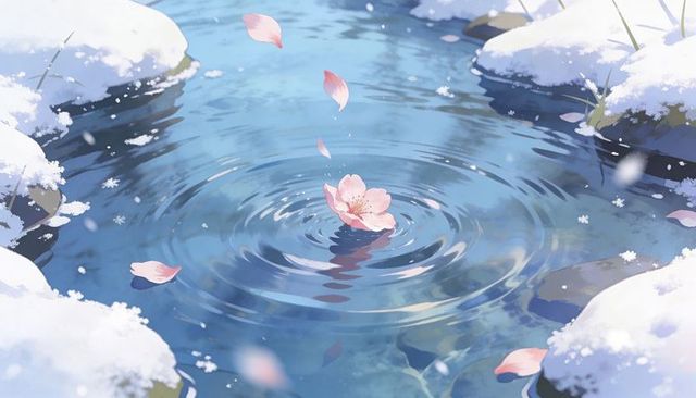 Floating cherry blossom creating concentric ripples on snow-lined blue pond, serene moment
