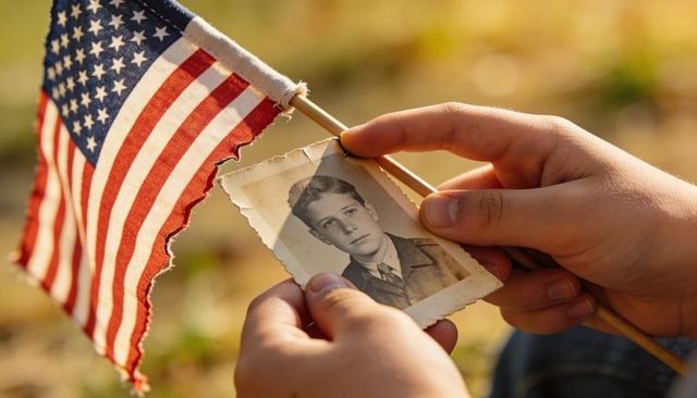 Child holding torn american flag and vintage portrait evoking veterans remembrance