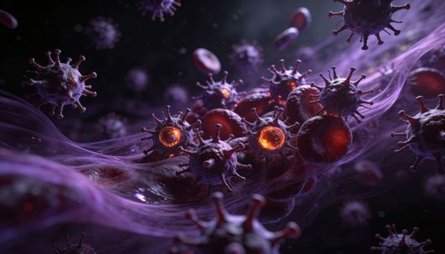 Microscopic spiky viruses glowing and moving through bloodstream with red blood cells