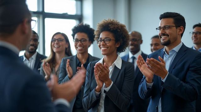 Diverse executive team applauding female leader during recognition meeting