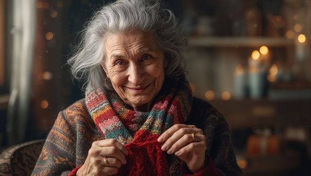 Senior Woman Knitting in Cozy Candlelit Room with Warm Scarf