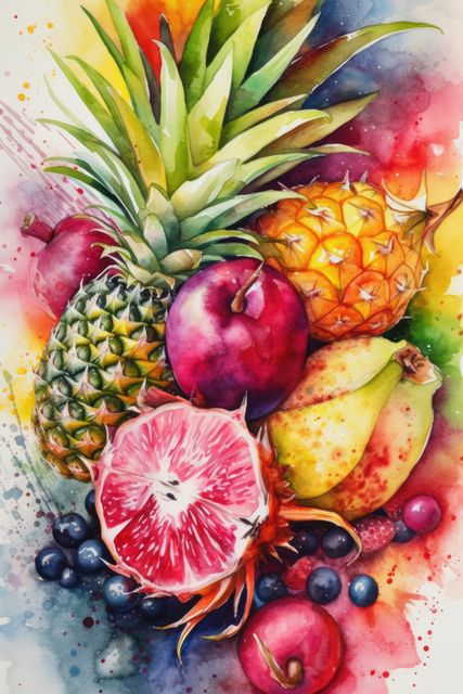 Watercolour with close up of tropical fruit, created using generative ai technology. Watercolour, fruit and still life painting concept digitally generated image.