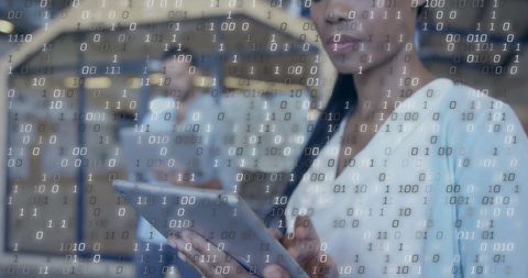 Binary Code Overlay with Business Professionals Working in Office - Download Free Stock Images Pikwizard.com