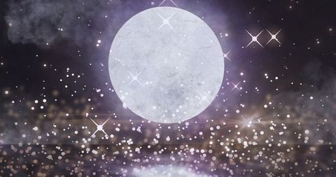 Glowing moon disc hovering over reflective water with bokeh lights, misty stars and halo