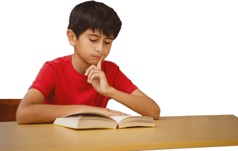 Young Boy in Red Shirt Reading Thick Book on Transparent Background - Download Free Stock Videos Pikwizard.com