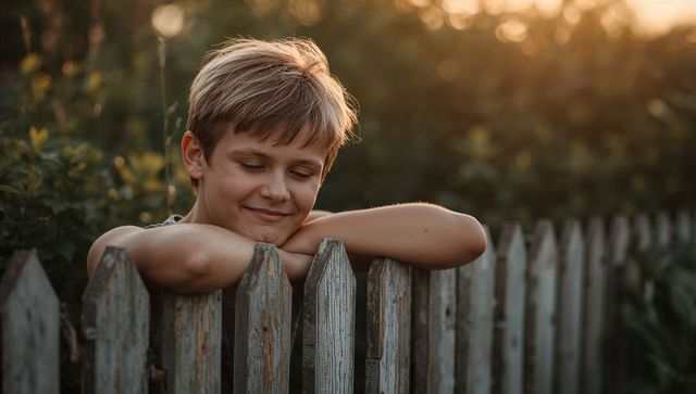 Preteen boy leaning on weathered wooden picket fence during golden hour