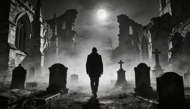 Walking silhouette in moonlit graveyard among ruined gothic arches, fog, full moon, lonely