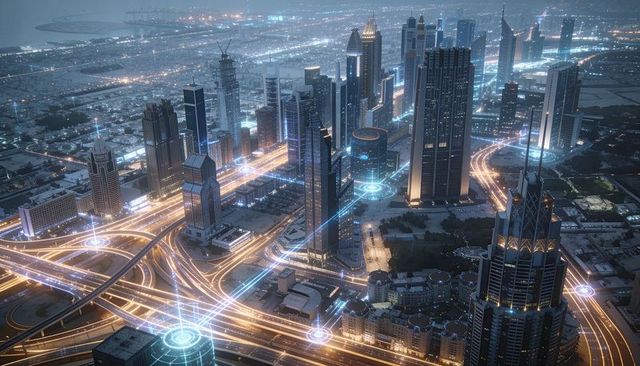 Futuristic smart city skyline glowing with connected traffic streams, neon nodes at night