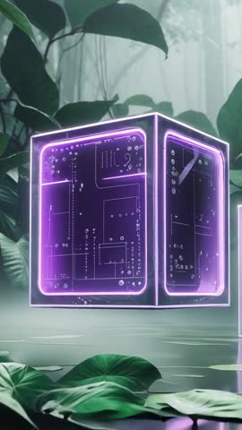 Vertical neon purple cube rotating over forest pond glowing with circuit panels and reflections
