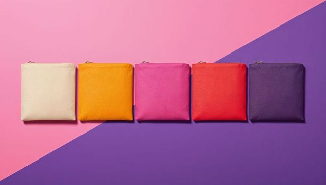 Colorful Square Zip Pouches on Pink and Purple Geometric Background