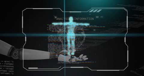 Cyan holographic human avatar projected above robot hand with hud analysis interface