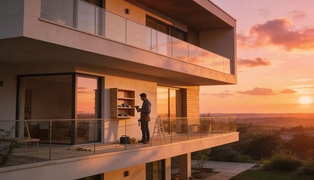 Male installer installing wall shelf on modern balcony at sunset with glass railing