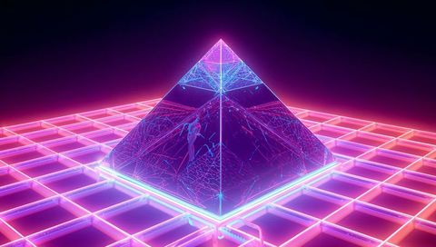 Neon holographic pyramid emitting electric wireframe glow on synthwave grid