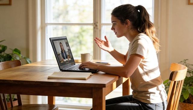 Young woman participating in video meeting at home desk, gesturing while typing in natural light