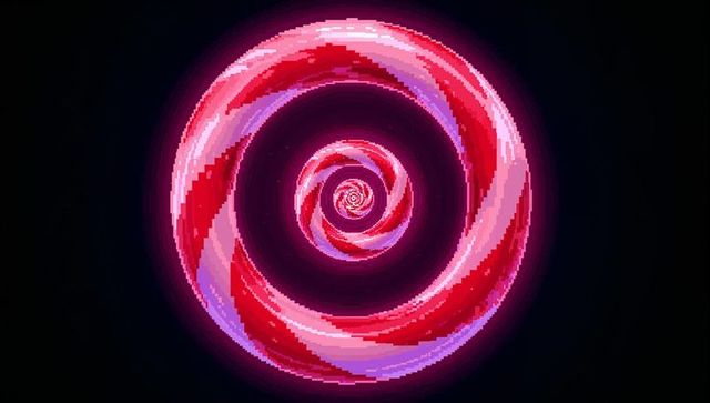 Glowing pixel spiral torus swirling neon magenta purple hypnotic vortex