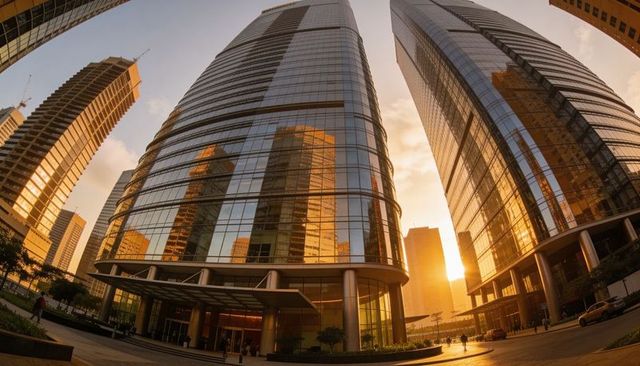 Golden sunset reflecting on curved glass skyscrapers in urban business district
