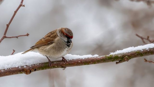 Common redpoll perching on snow-dusted branch showing red forehead, winter woodland