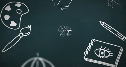 Floating Educational Symbols on Grey Chalkboard Background