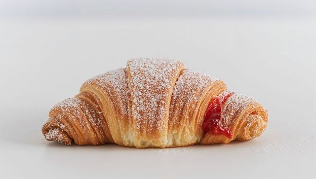 Jam-oozing croissant dusting powdered sugar flaky laminated pastry on minimal white