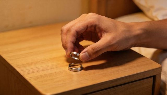 Picking up silver wedding band from wooden nightstand, intimate bedside moment