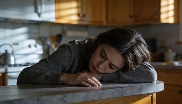 Pensive woman resting and leaning on kitchen island, morning light and domestic quiet