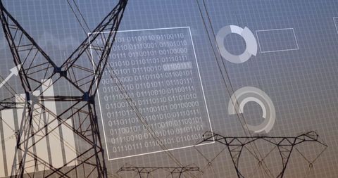 Digital interface graphics overlaying electricity pylons silhouette