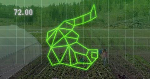 Neon ar wireframe hand guiding precision farming over polytunnel and crop rows